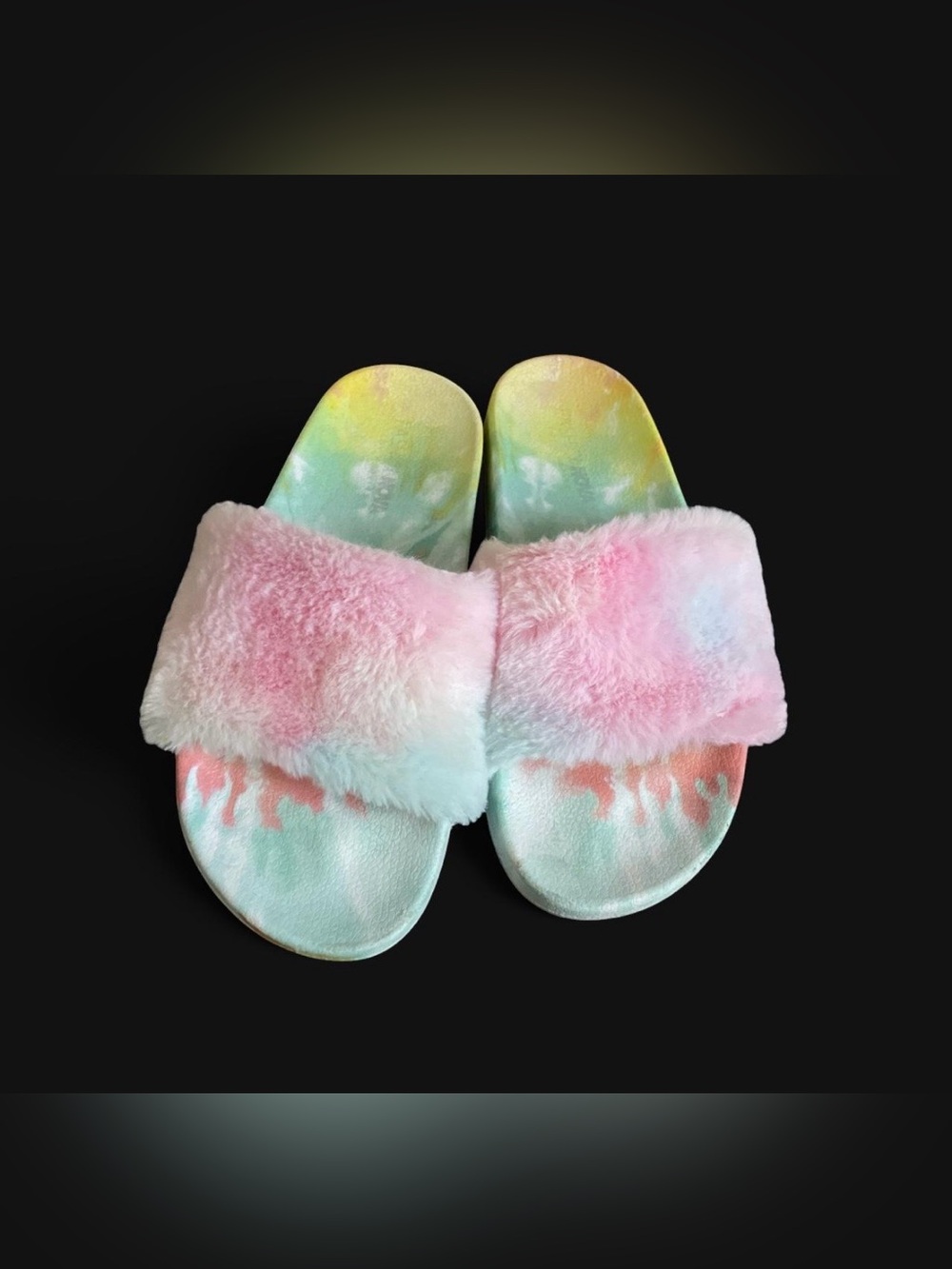 Women’s Tie-dye slides with pink, blue, and yellow swirls